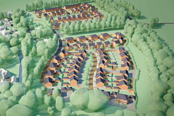 Massing CGI showing proposed layout in context